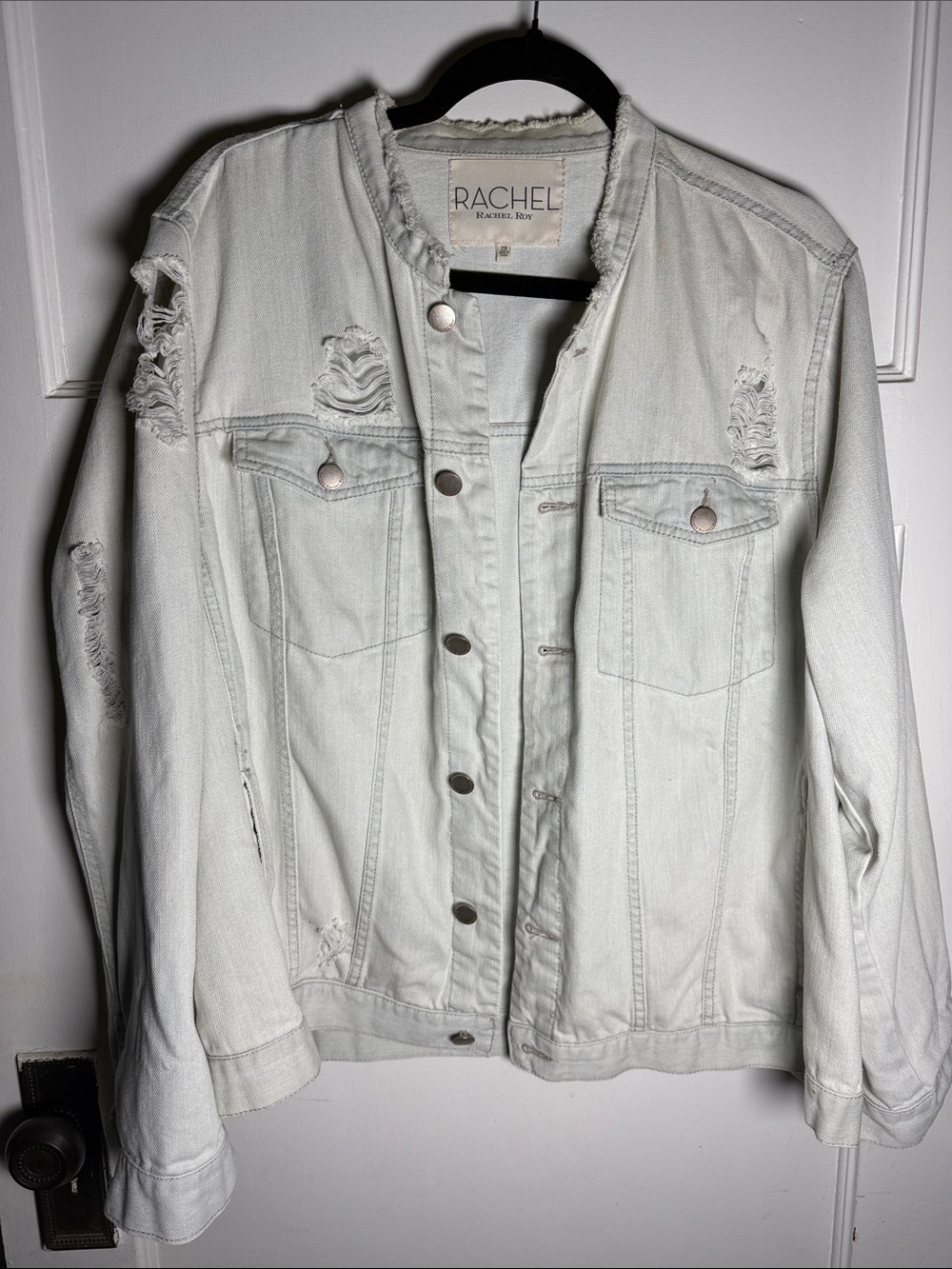 Rachel by Rachel Roy Distressed Light Cream Denim Jacket